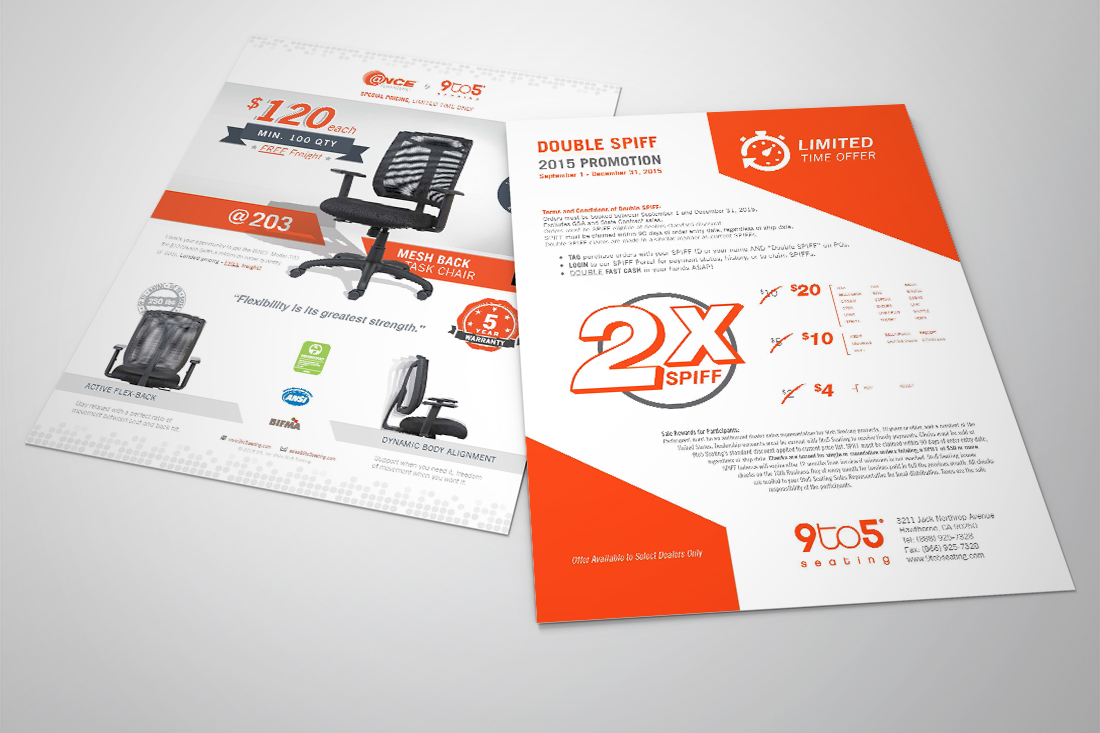 Mark Regynski | 9to5 Seating | Promotional Marketing Collateral | AtOnce Furniture: @203 & Double SPIFF (2015)